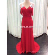 Venta al por mayor correa de espagueti V-cuello cruzado espalda de cuentas de diseño largo de gasa roja vestido de noche delgado 2015 Vestidos Femininos C2